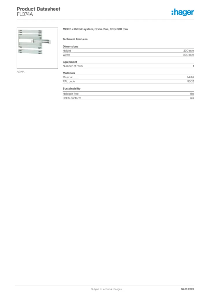 Image Hager Product data sheet FL374A  | Hager Africa