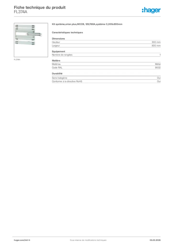 Image Hager Fiche technique du produit FL374A | Hager Afrique