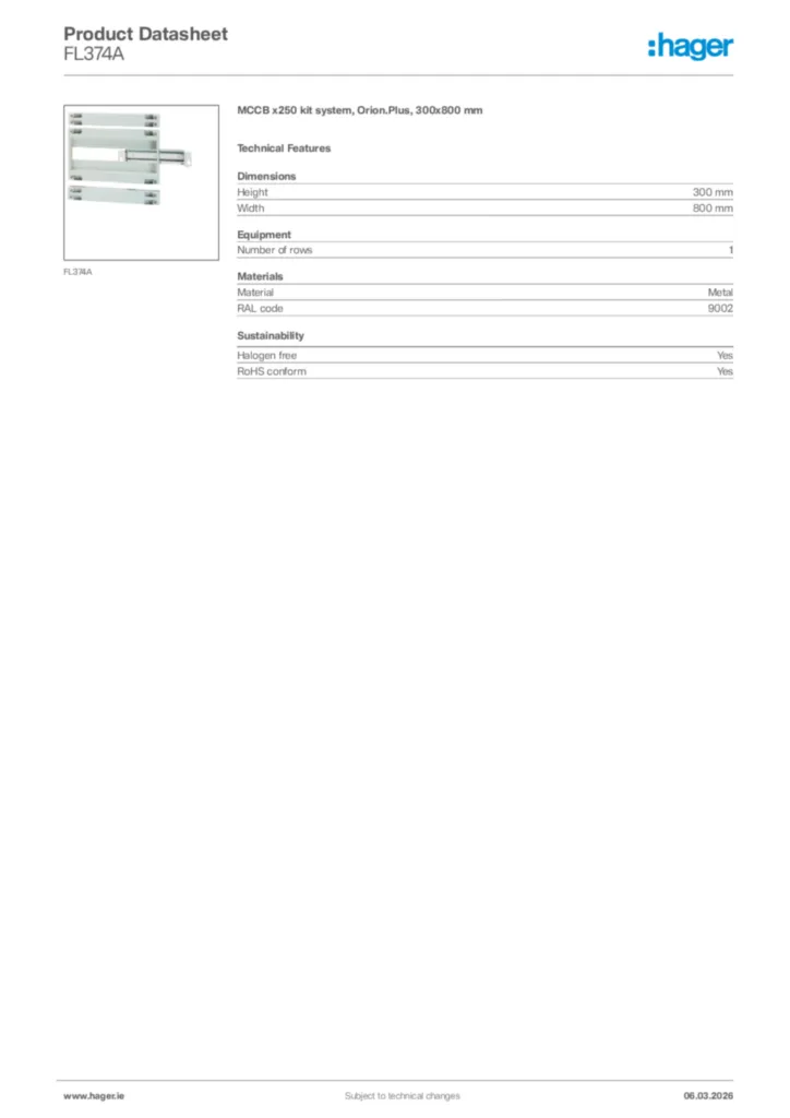 Image Hager Product data sheet FL374A  | Hager