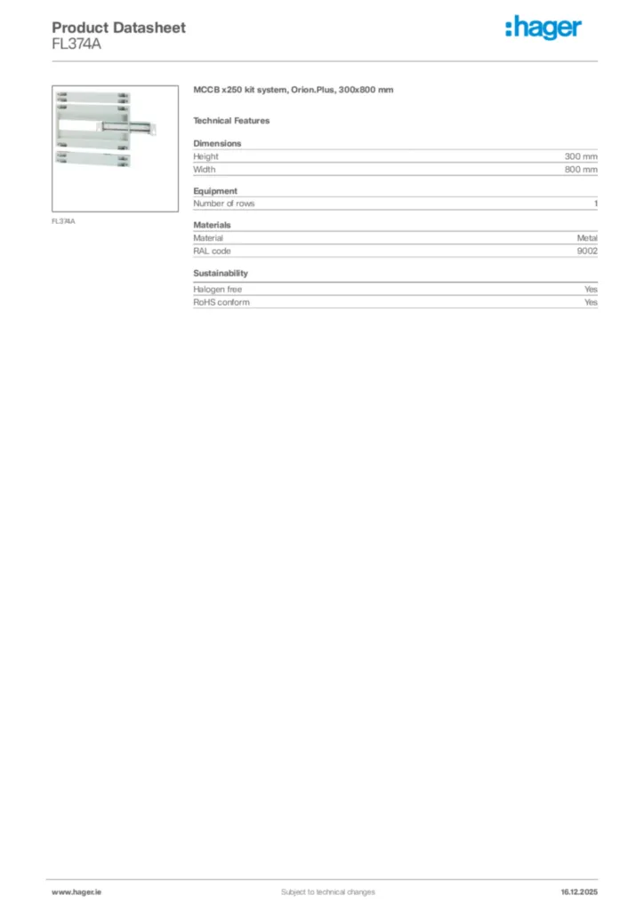 Image Hager Product data sheet FL374A  | Hager