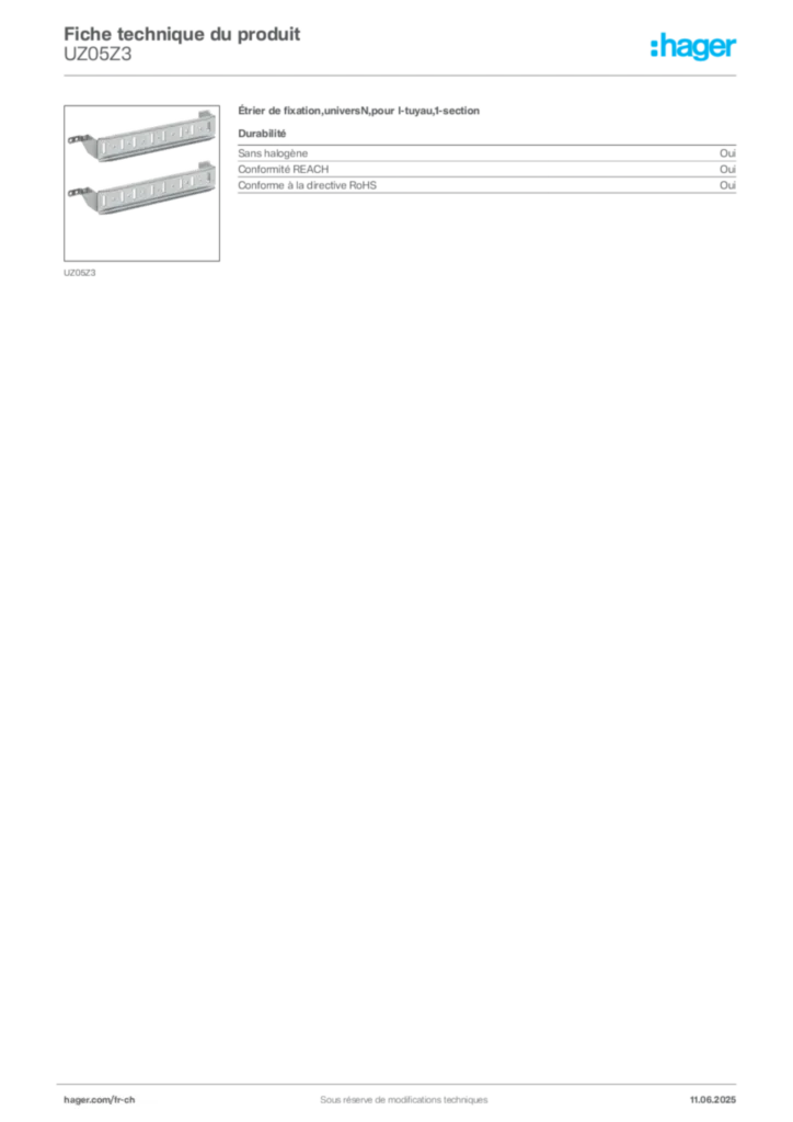 Image Hager Fiche technique du produit UZ05Z3 | Hager Suisse