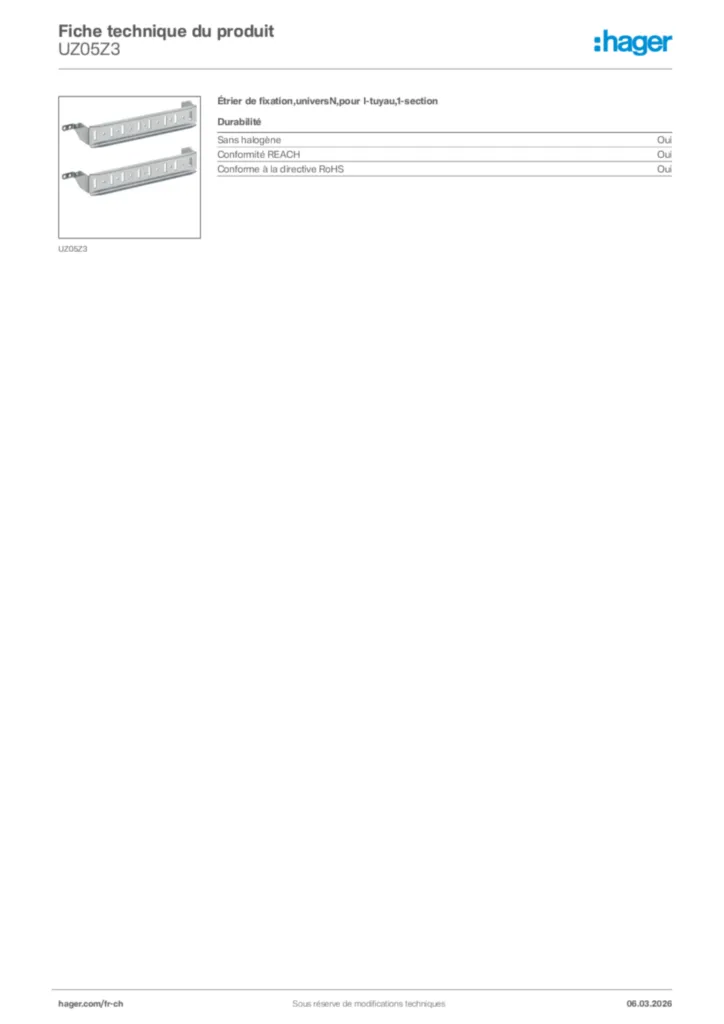 Image Hager Fiche technique du produit UZ05Z3 | Hager Suisse