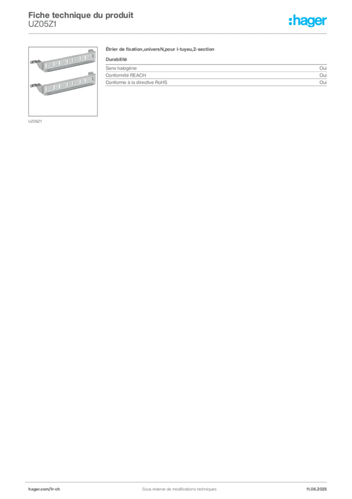 Image Hager Fiche technique du produit UZ05Z1 | Hager Suisse