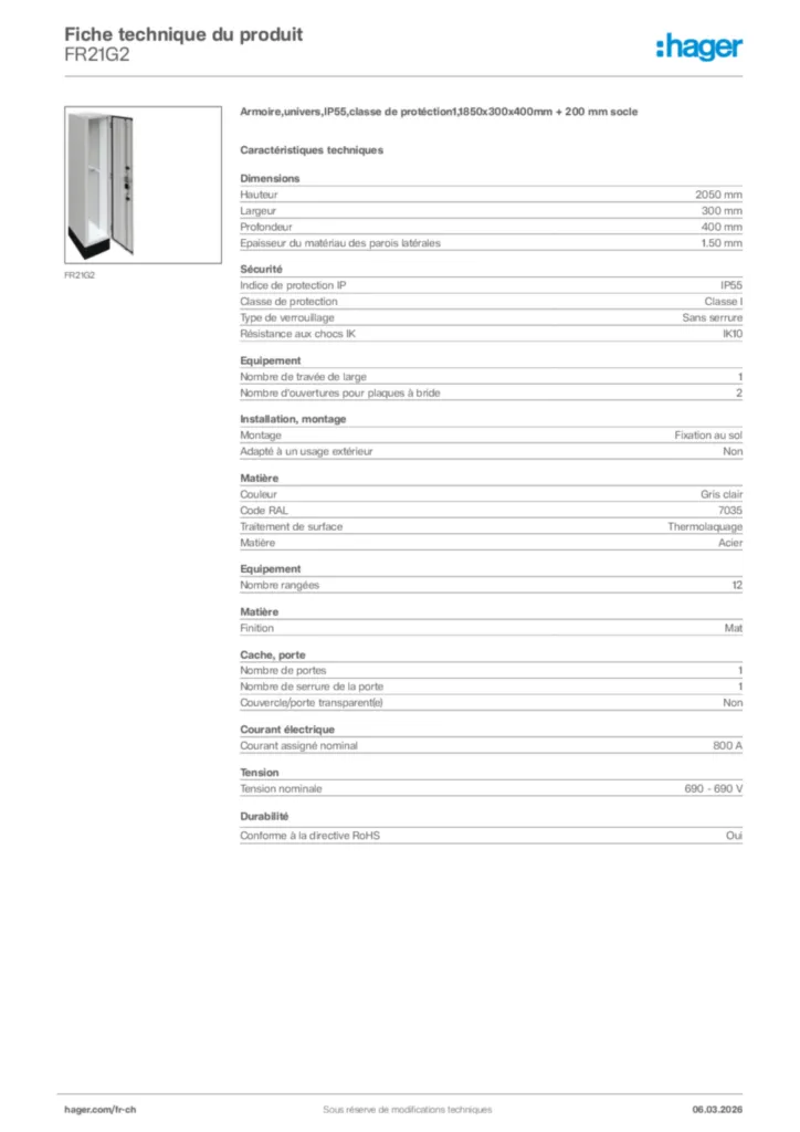 Image Hager Fiche technique du produit FR21G2 | Hager Suisse