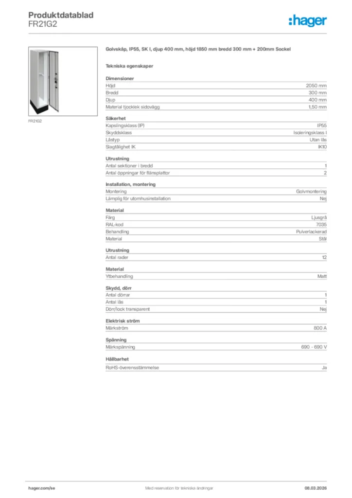 Bild Hager Produktdatablad FR21G2 | Hager Sverige