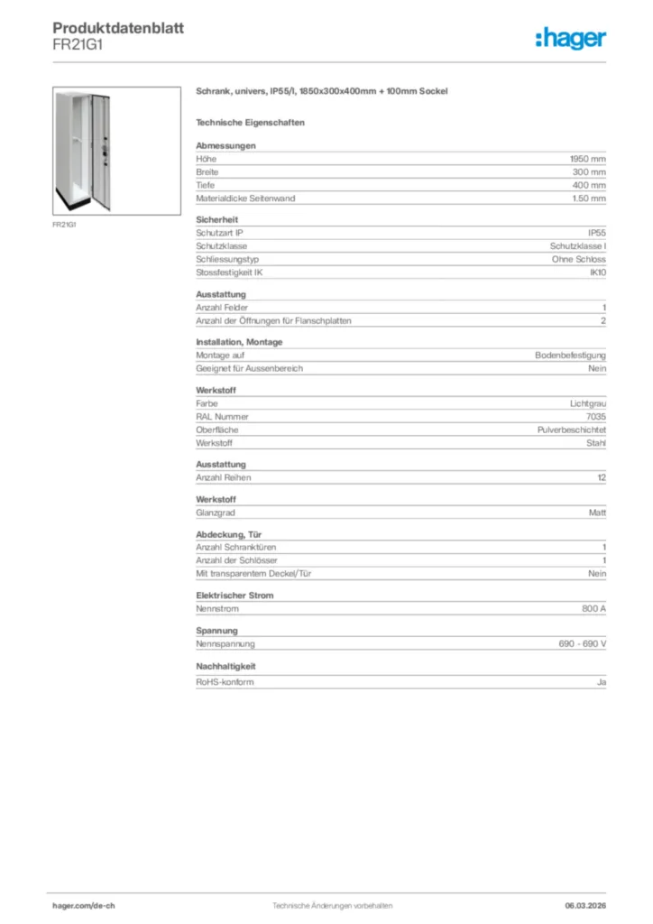 Bild Hager Produktdatenblatt FR21G1 | Hager Schweiz