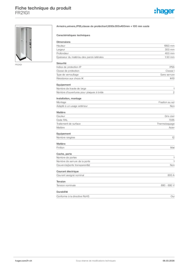 Image Hager Fiche technique du produit FR21G1 | Hager Suisse