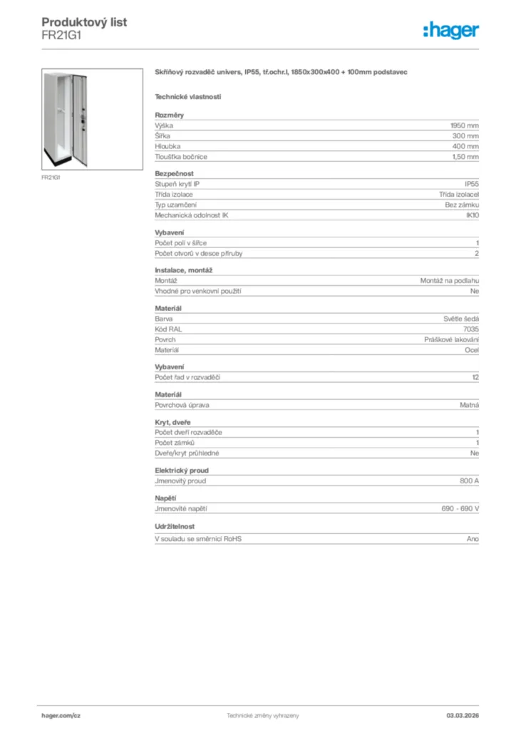 Obrázek Hager Product data sheet FR21G1 | Hager