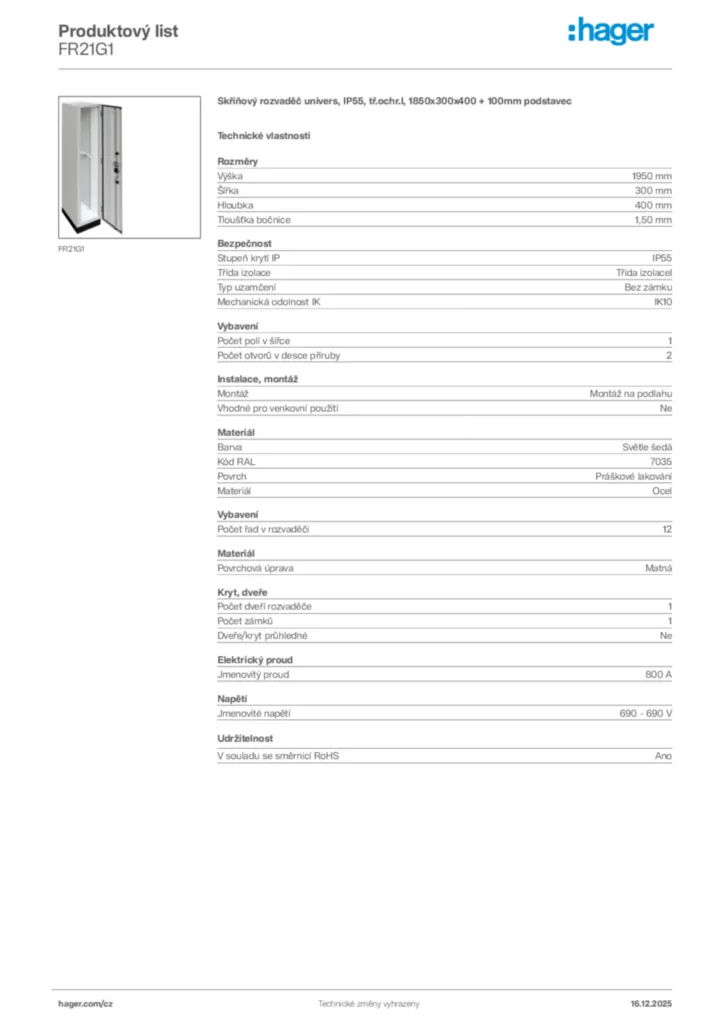 Obrázek Hager Produktový list FR21G1 | Hager