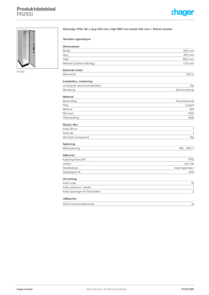 Bild Hager Produktdatablad FR21G1 | Hager Sverige