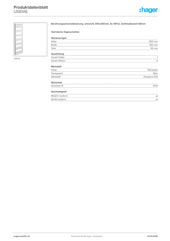 Bild Hager Produktdatenblatt US61A5 | Hager Schweiz