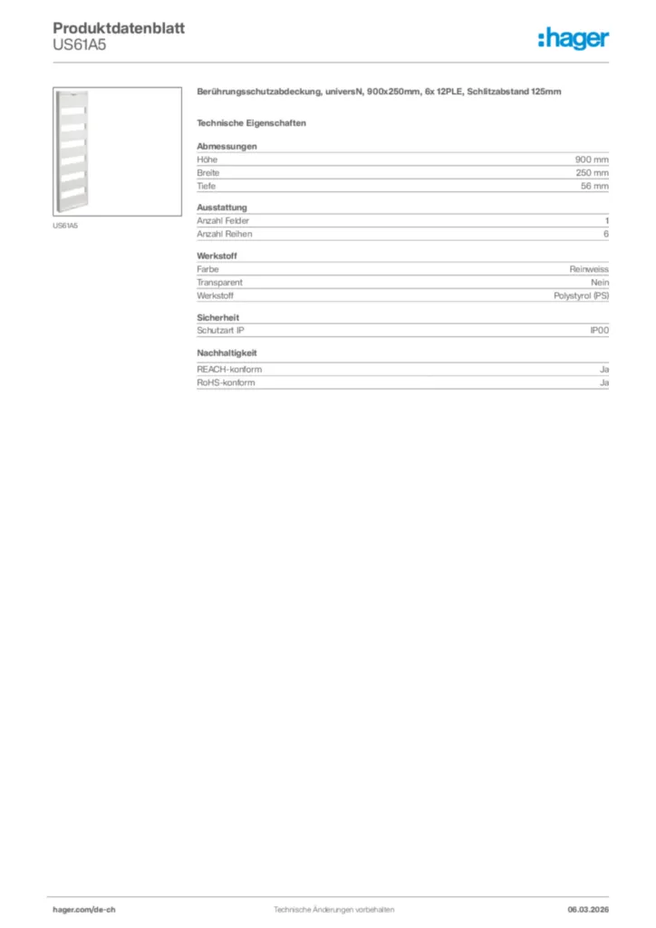 Bild Hager Produktdatenblatt US61A5 | Hager Schweiz