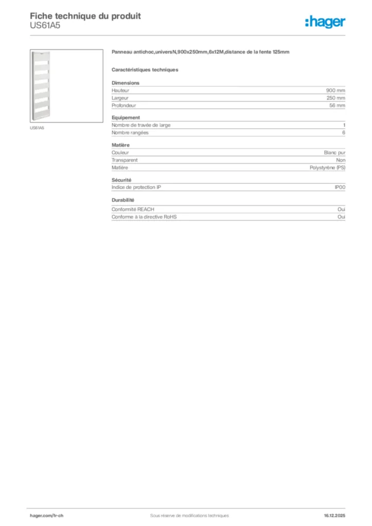 Image Hager Fiche technique du produit US61A5 | Hager Suisse