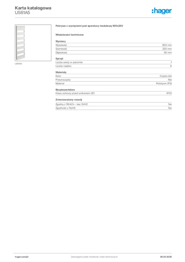 Zdjęcie Hager Karta katalogowa US61A5 | Hager Polska