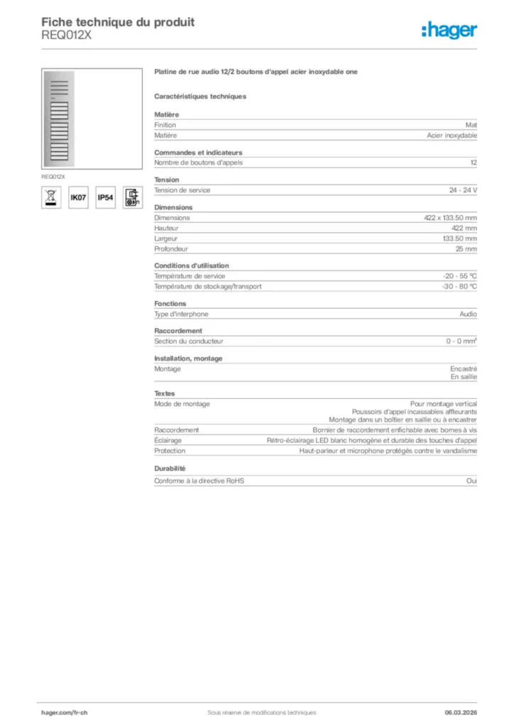 Image Hager Fiche technique du produit REQ012X | Hager Suisse