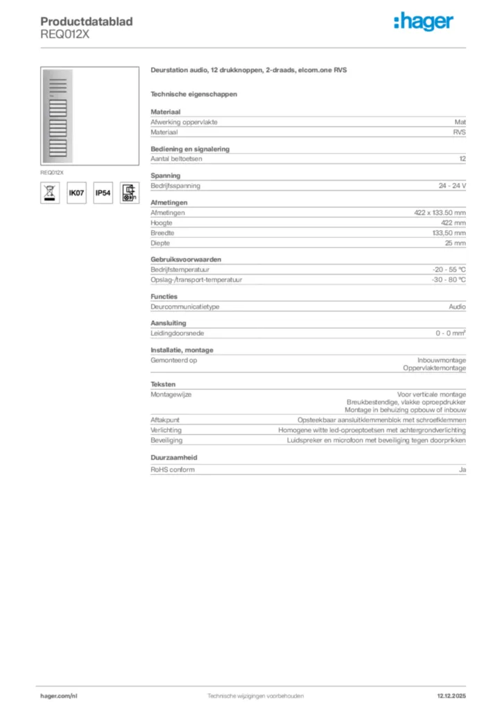Afbeelding Hager Productdatablad REQ012X | Hager Nederland