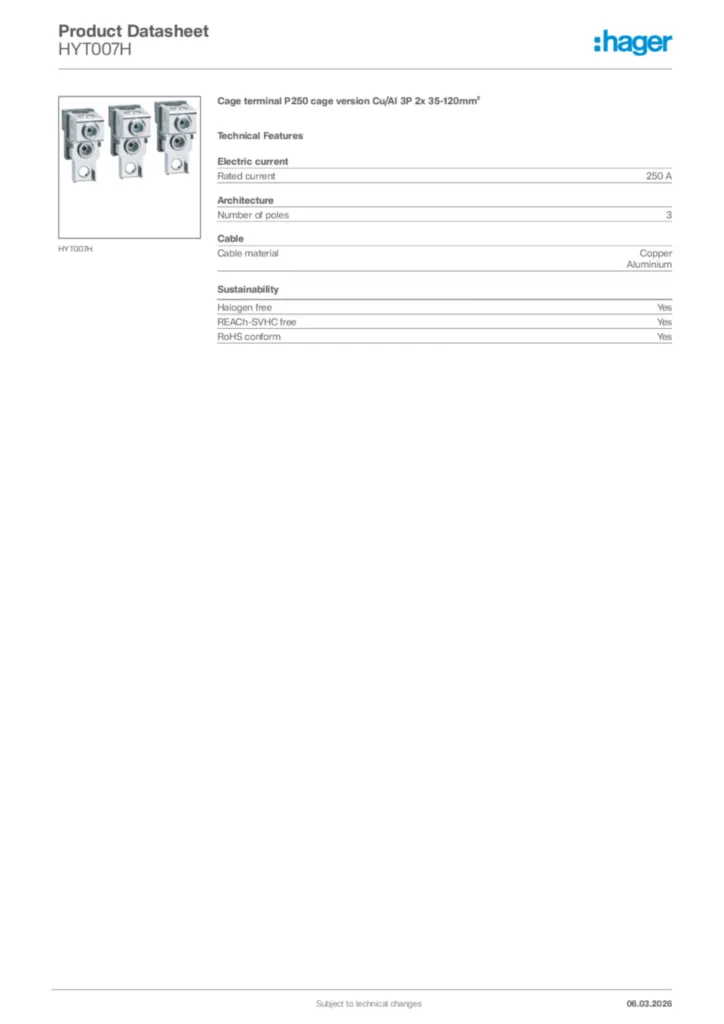 Image Hager Product data sheet HYT007H  | Hager Africa