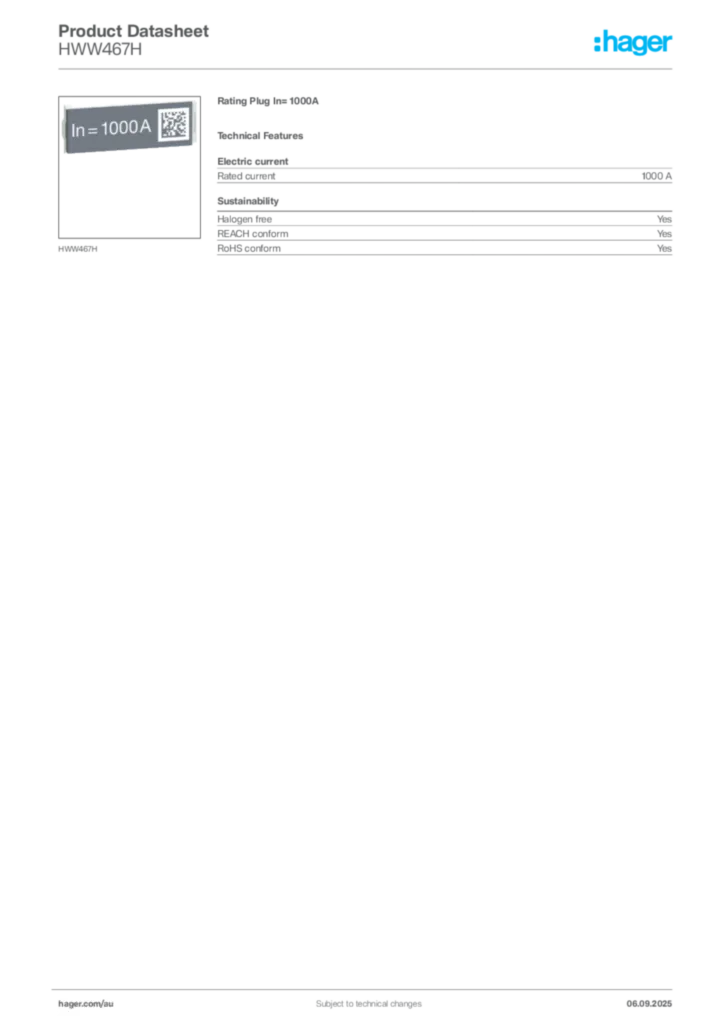 Image Hager Product data sheet HWW467H  | Hager Australia