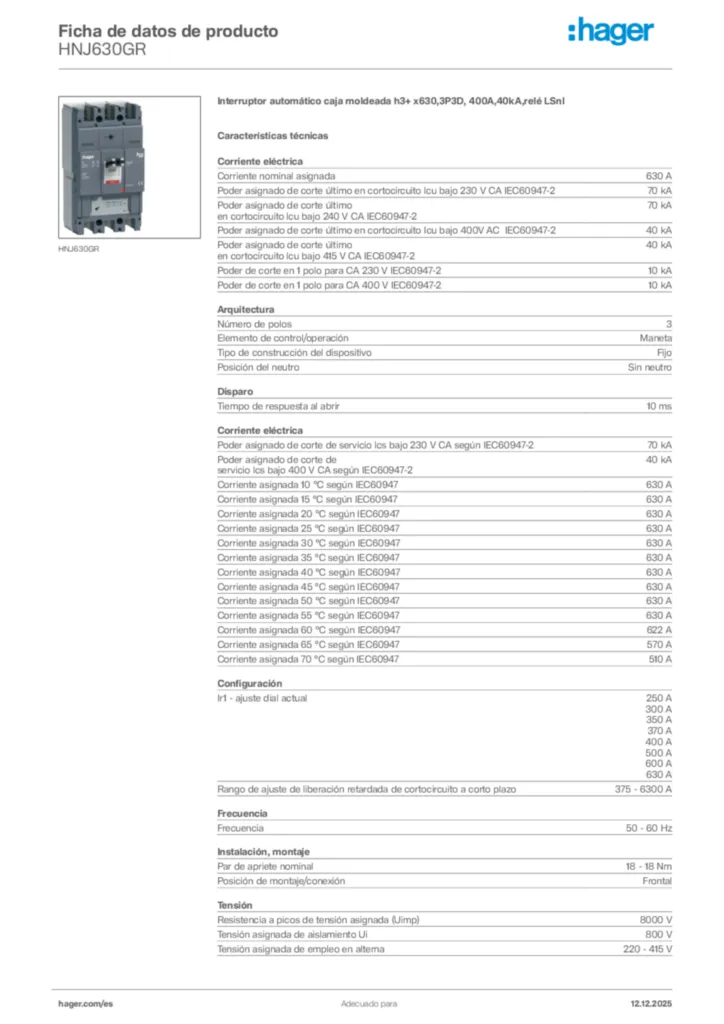 Imagen Hager Ficha de datos de producto HNJ630GR | Hager España