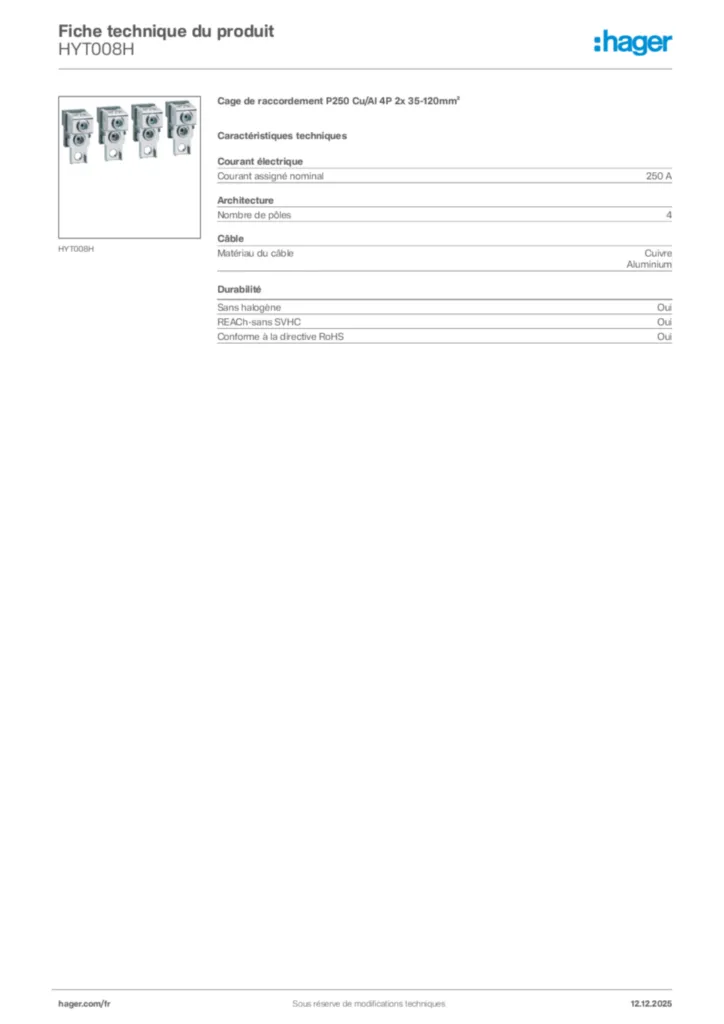 Image Hager Fiche technique du produit HYT008H | Hager France