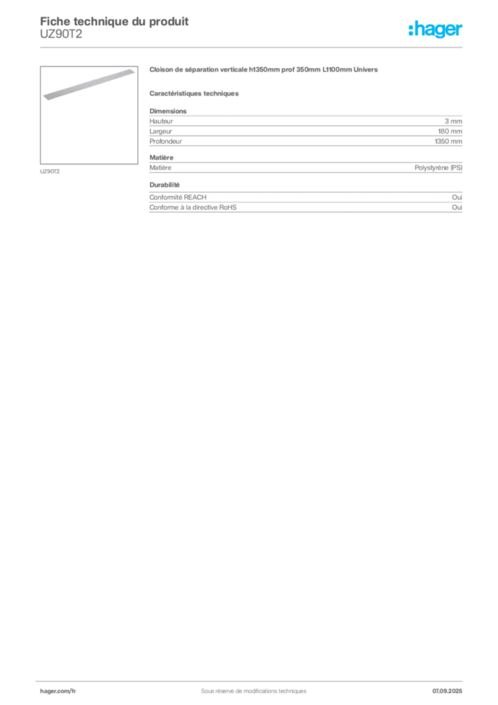 Image Hager Fiche technique du produit UZ90T2 | Hager France