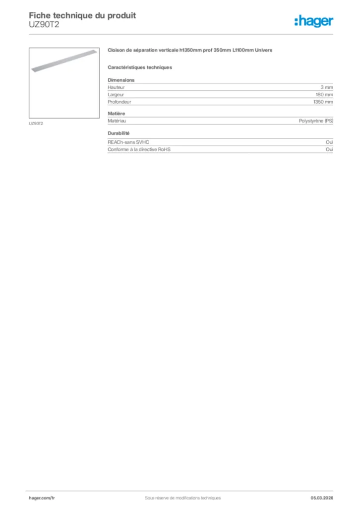 Image Hager Fiche technique du produit UZ90T2 | Hager France