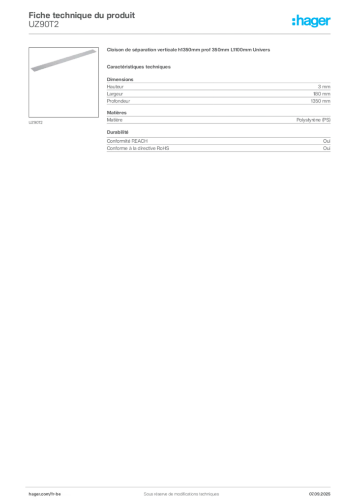 Image Hager Fiche technique du produit UZ90T2 | Hager Belgique
