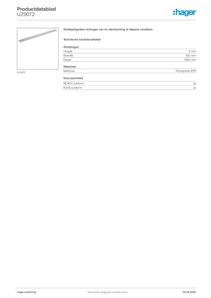Afbeelding Hager Productdatablad UZ90T2 | Hager Belgium
