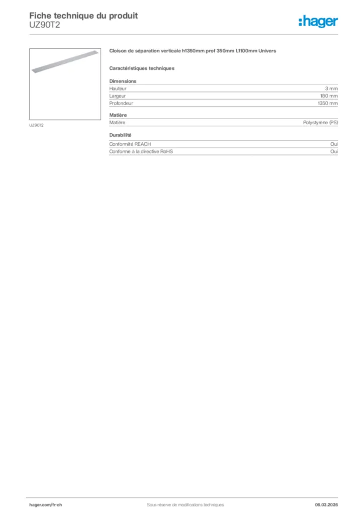 Image Hager Fiche technique du produit UZ90T2 | Hager Suisse