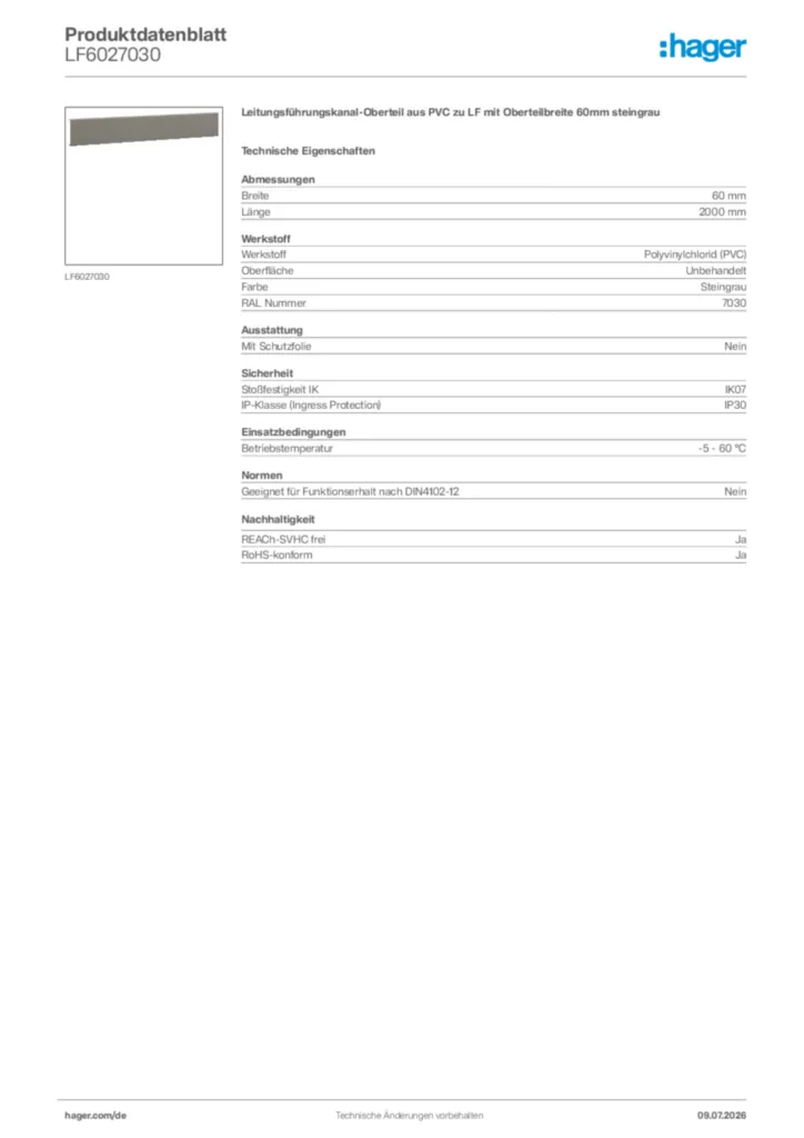 Bild Hager Produktdatenblatt LF6027030 | Hager Deutschland