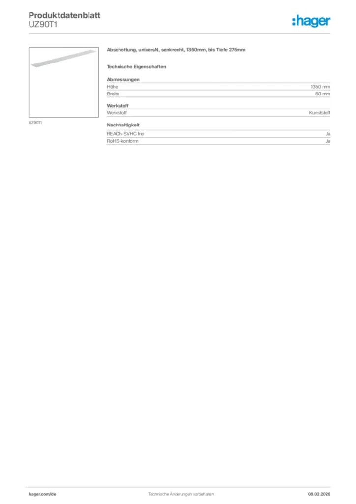 Bild Hager Produktdatenblatt UZ90T1 | Hager Deutschland