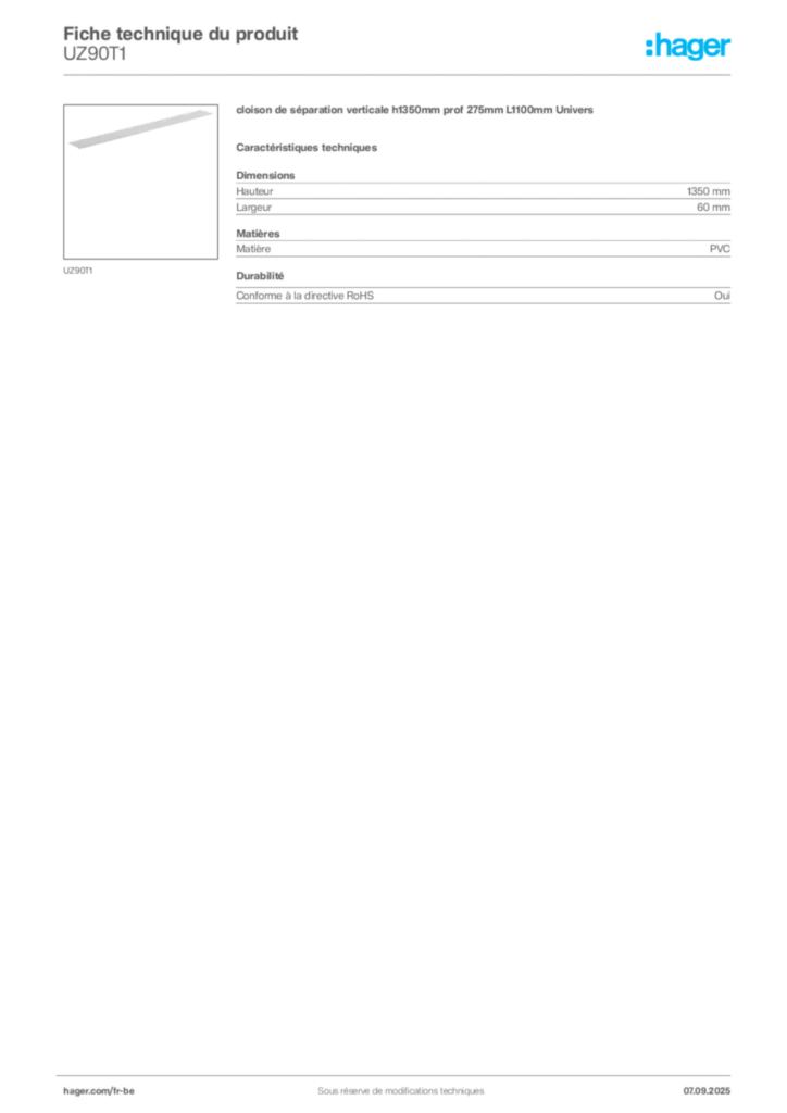 Image Hager Fiche technique du produit UZ90T1 | Hager Belgique