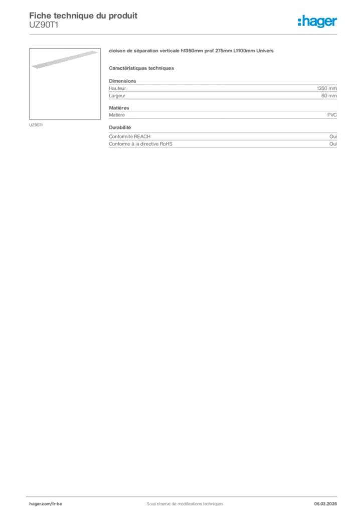 Image Hager Fiche technique du produit UZ90T1 | Hager Belgique