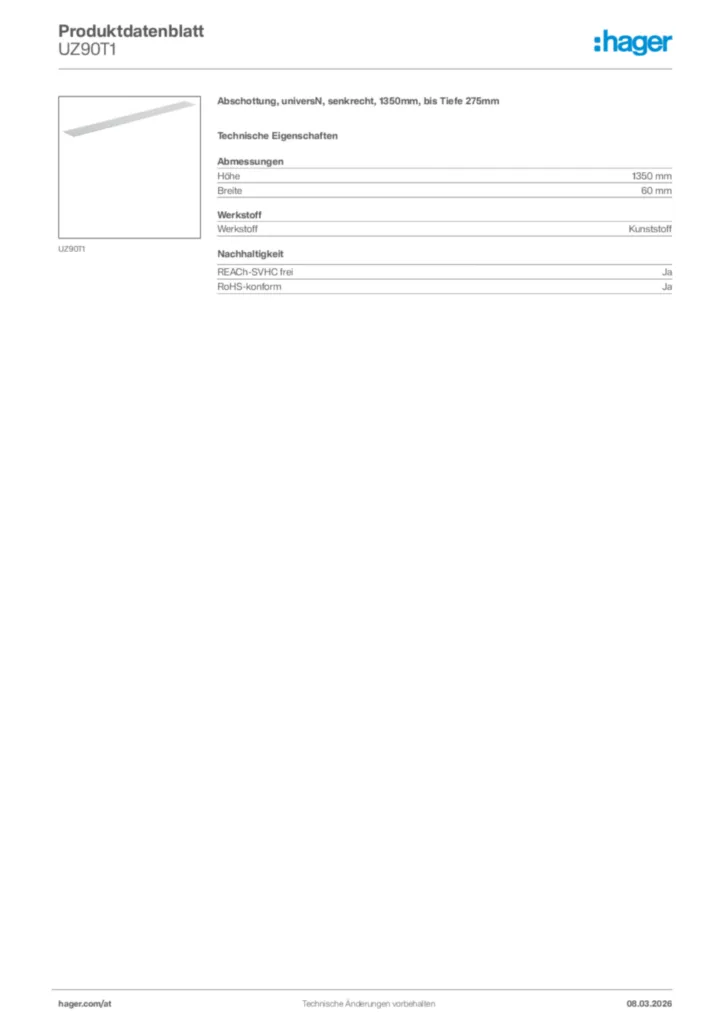 Bild Hager Produktdatenblatt UZ90T1 | Hager Deutschland
