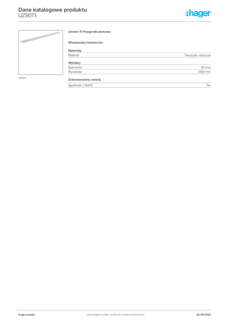 Zdjęcie Hager Karta katalogowa UZ90T1 | Hager Polska