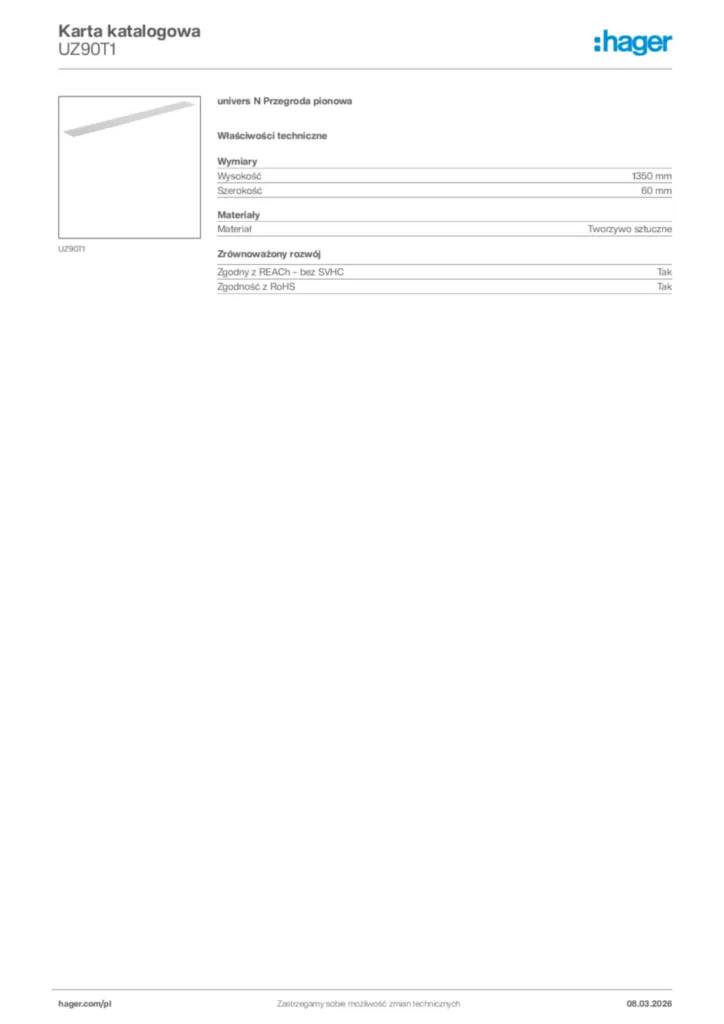 Zdjęcie Hager Karta katalogowa UZ90T1 | Hager Polska