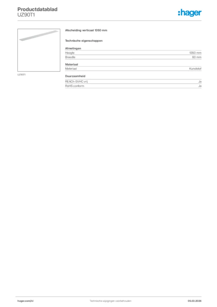 Afbeelding Hager Productdatablad UZ90T1 | Hager Nederland
