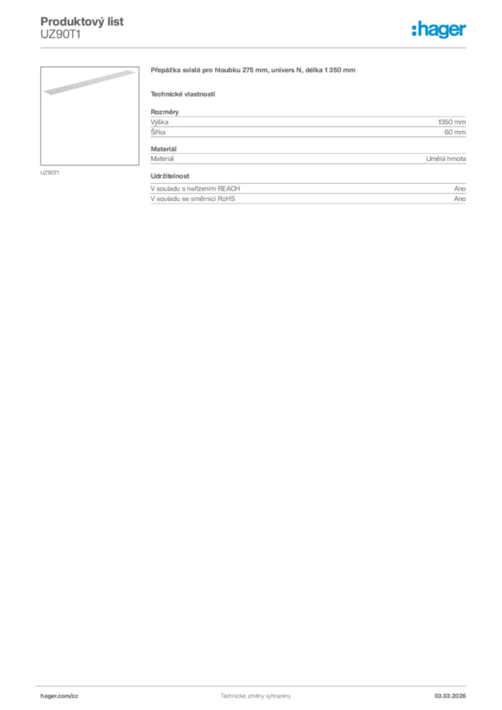 Obrázek Hager Product data sheet UZ90T1 | Hager