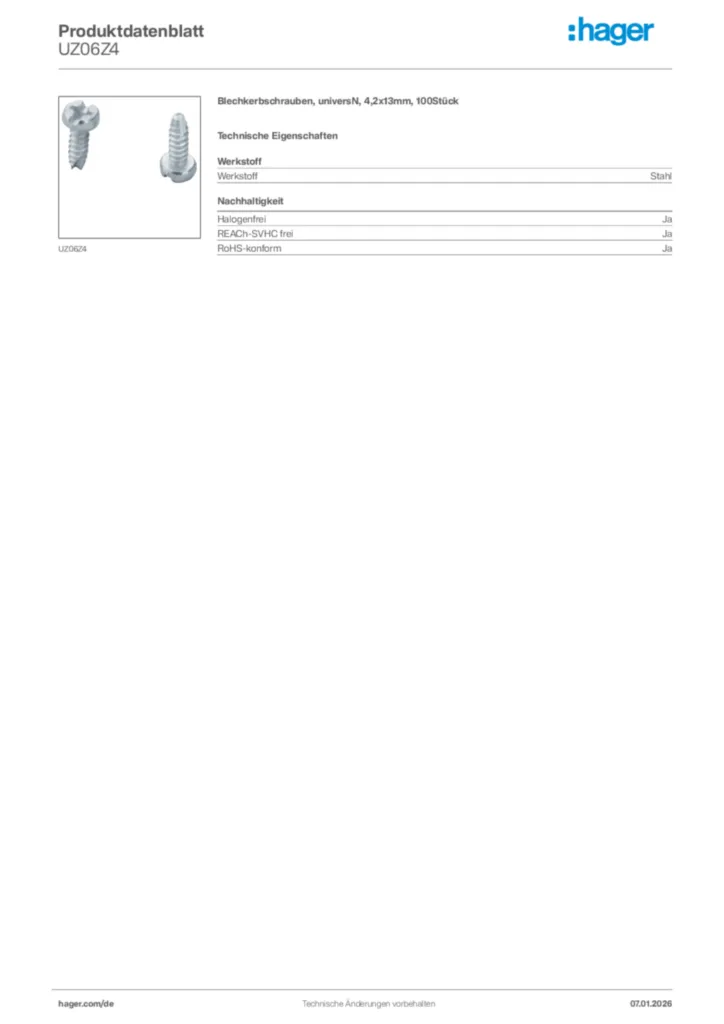 Bild Hager Produktdatenblatt UZ06Z4 | Hager Deutschland