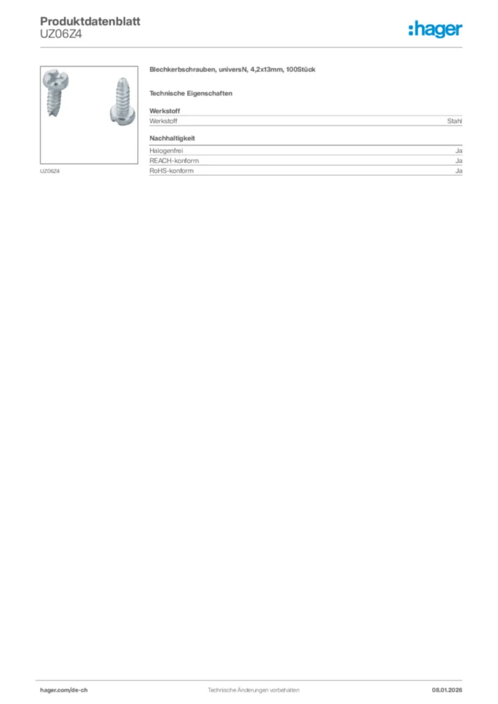 Bild Hager Produktdatenblatt UZ06Z4 | Hager Schweiz