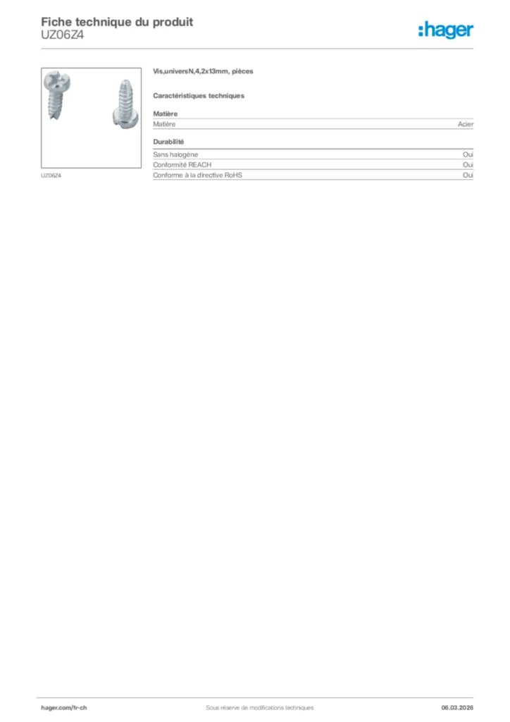 Image Hager Fiche technique du produit UZ06Z4 | Hager Suisse