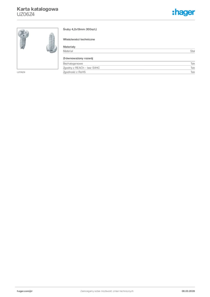 Zdjęcie Hager Karta katalogowa UZ06Z4 | Hager Polska