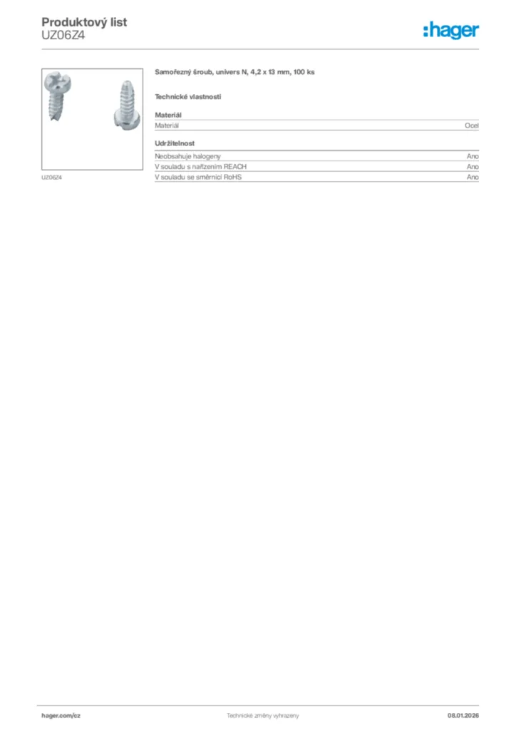 Obrázek Hager Product data sheet UZ06Z4 | Hager