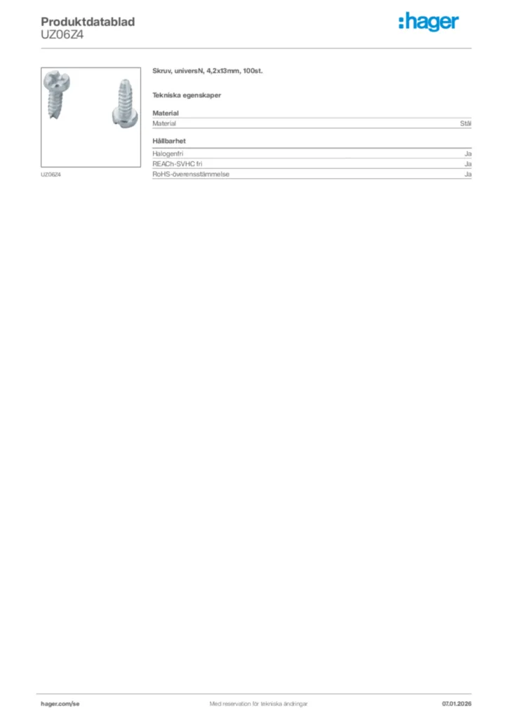 Bild Hager Produktdatablad UZ06Z4 | Hager Sverige