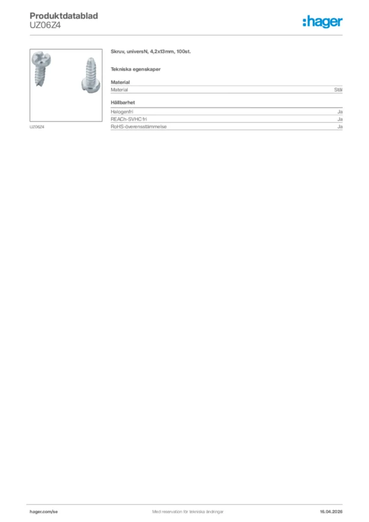 Bild Hager Produktdatablad UZ06Z4 | Hager Sverige