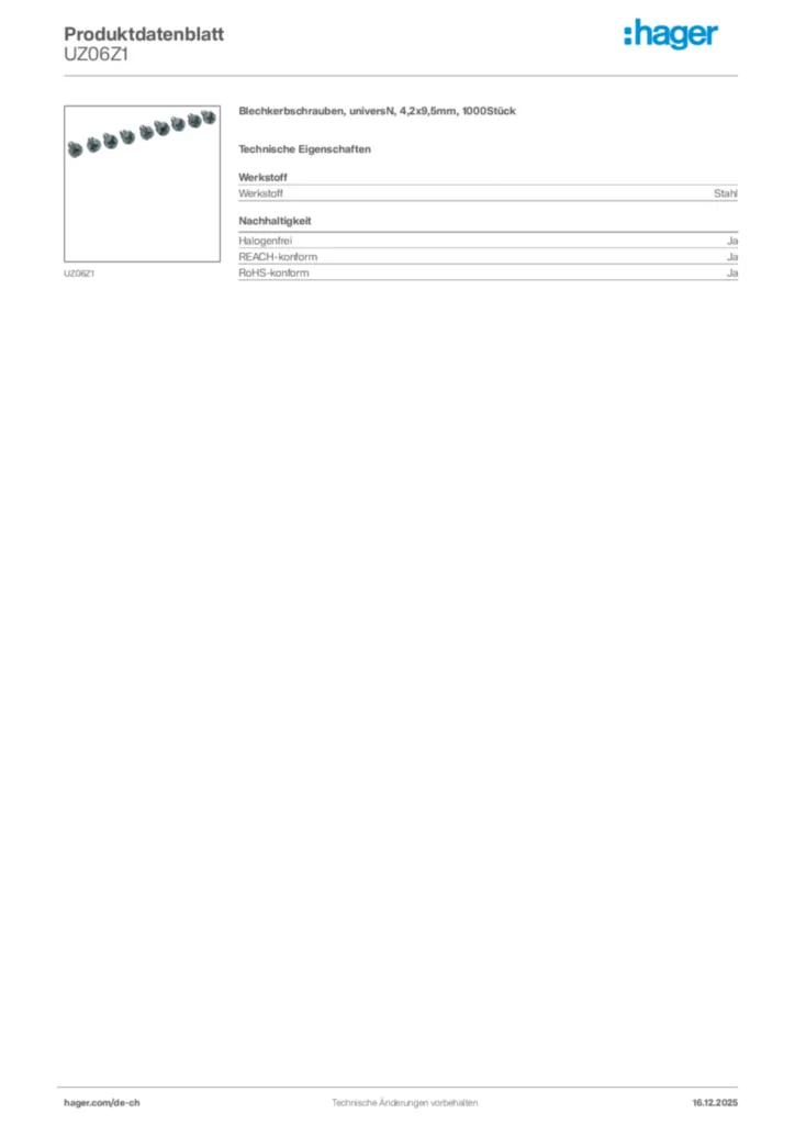 Bild Hager Produktdatenblatt UZ06Z1 | Hager Schweiz