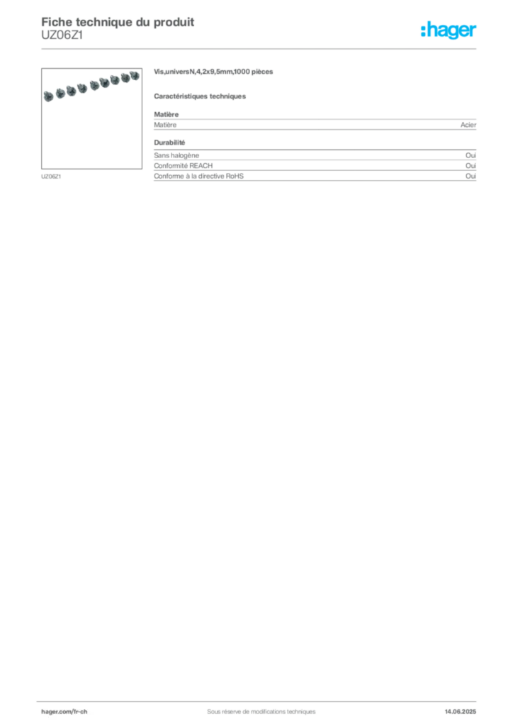 Image Hager Fiche technique du produit UZ06Z1 | Hager Suisse