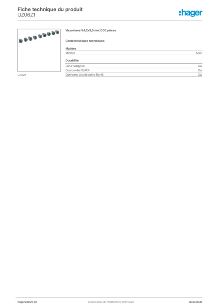 Image Hager Fiche technique du produit UZ06Z1 | Hager Suisse