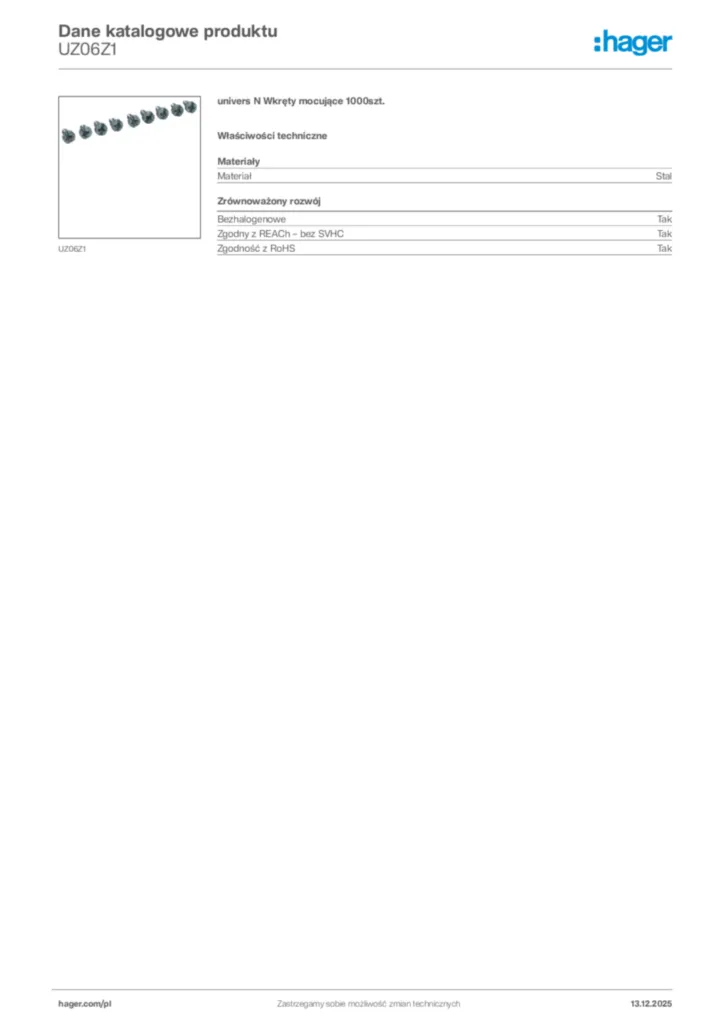 Zdjęcie Hager Karta katalogowa UZ06Z1 | Hager Polska