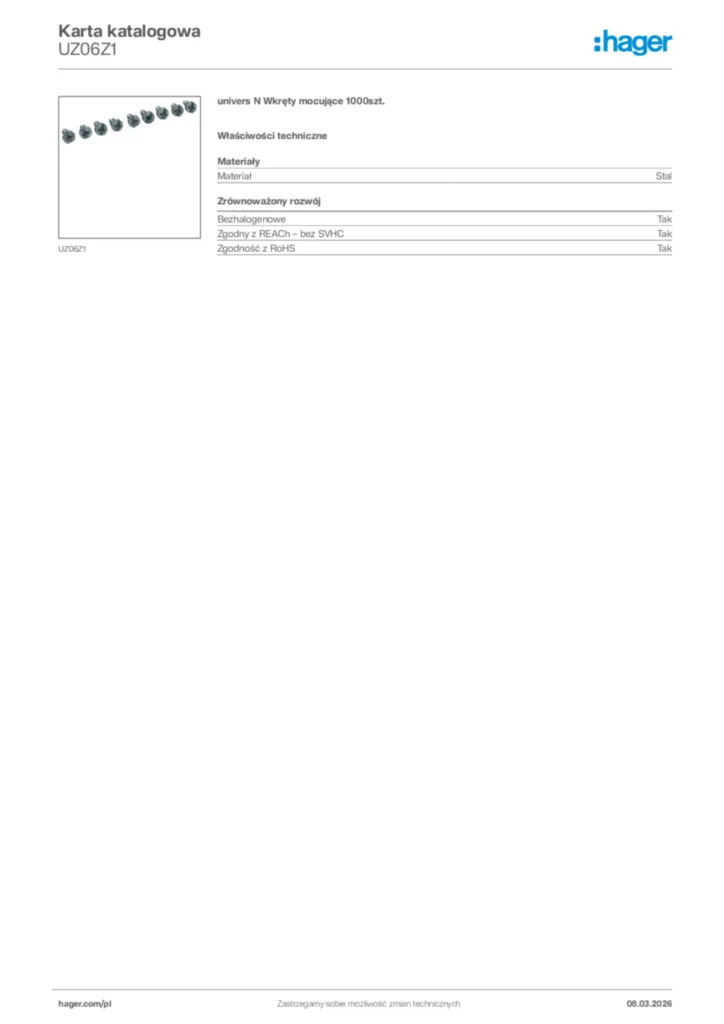 Zdjęcie Hager Karta katalogowa UZ06Z1 | Hager Polska